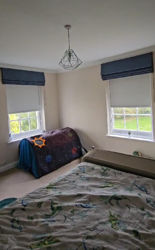 Installing Electric Blackout Roller Blinds behind existing Roman Blinds will cut the Lightwash and give a full blackout experience. Here are some we installed in London to give better Blackout