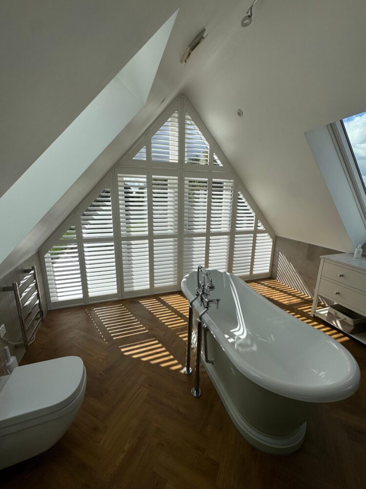 Triangular shaped waterproof plantation shutters Central London